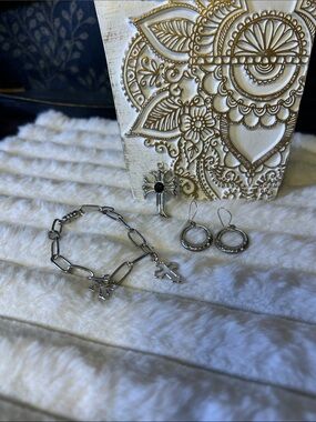 3 pc  Silver Cross Charm, Cross Charm Bracelet with Hoop Earrings